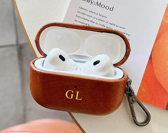 Personalisierte Namensinitialen, AirPods Pro-Hülle, Lammleder, Monogramm, individuelle Airpod 1/2/3-Hülle aus Leder mit Karabiner-Schlüsselanhänger