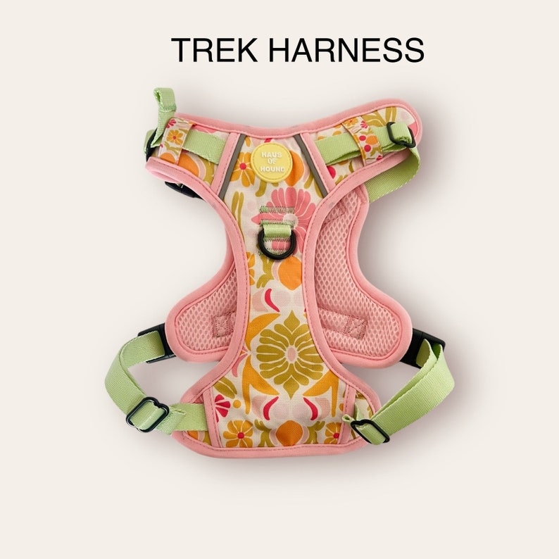 May include: Pink dog harness with a floral pattern and green accents. The harness has a black buckle and the text "HUSK  OF  HOUND" on the front.