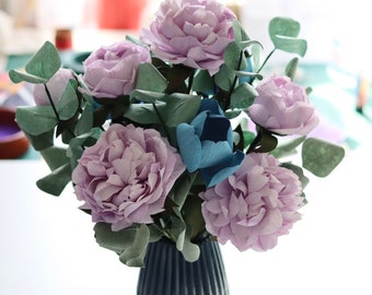 Handmade  Flower Arrangement, Peony Vase, Lilac and blue Paper Flowers, Flower Arrangement for  a Vase