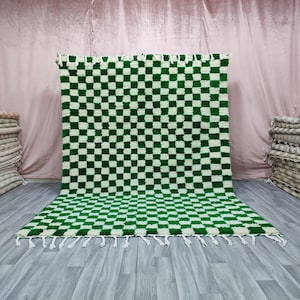 AMAZING BENIOURAIN RUG,Moroccan Berber checkered rug,Custom Handmade Moroccan Rug,Tribal Area Rug,Large green and creamy white