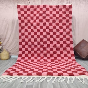 Large pink and red checkered rug ,Moroccan Berber rug,Geometric Rug,Handwoven Rug,Tribal Area Rug,Bohemian rug