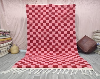 Large Pink and Red Checkered Berber Rug: Handwoven Moroccan Wool
