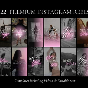 K&ouml;nnte beinhalten: Eine Collage aus 22 Instagram-Reel-Vorlagen mit pinkfarbenen Neon-Text&uuml;berlagerungen. Der Text enth&auml;lt S&auml;tze wie "Level Up", "Confidence Baby", "Step Out of Your Comfort Zone", "My Sunday Reset Rituals", "Rise & Shine", "Believe & Achieve", "Your Journey Starts Now", "You Glow", "Get to Know Me", "Unlimited Mind" und "You Are Unstoppable".