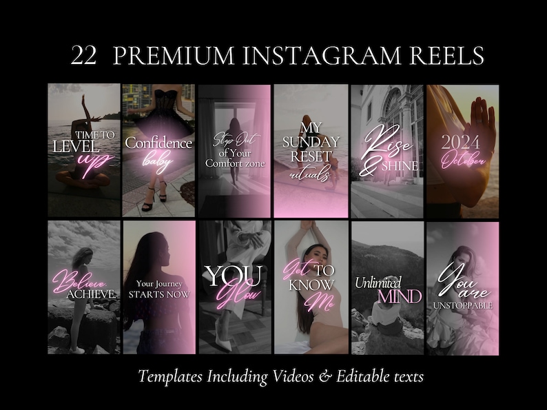 K&ouml;nnte beinhalten: Eine Collage aus 22 Instagram-Reel-Vorlagen mit pinkfarbenen Neon-Text&uuml;berlagerungen. Der Text enth&auml;lt S&auml;tze wie "Level Up", "Confidence Baby", "Step Out of Your Comfort Zone", "My Sunday Reset Rituals", "Rise & Shine", "Believe & Achieve", "Your Journey Starts Now", "You Glow", "Get to Know Me", "Unlimited Mind" und "You Are Unstoppable".