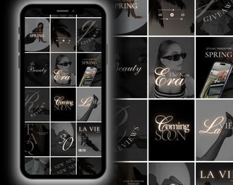 May include: A black and white Instagram grid template with text overlays. The text includes "Spring", "Beauty", "The New Era", "Coming Soon", "La Vie", "Reviews", "Giveaway", "Styling Trends for Spring", "How to Find My Passion", "Find Your Inner Beauty", and "30".