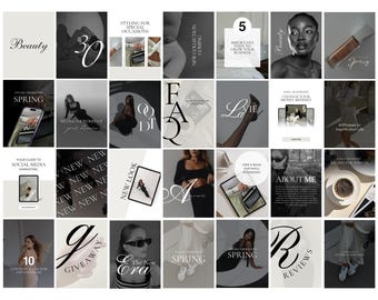 May include: A collage of 16 Instagram story templates in black and white with text overlays. The text includes "Beauty", "Spring", "New Look", "Giveaway", "The New Era", "New Collection Coming", "5 Important Steps to Grow Your Business", "Change Your Money Mindset", "Free E-book for Small Businesses", "About Me", "Reviews", "10 Content Ideas for", "8 Phrases to Inspire Your Life", "Recipes for Summer", "Styling for Special Occasions", and "La Vie".