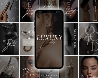 Op de afbeelding: Een collage van afbeeldingen met mode, schoonheid en lifestyle thema's. De afbeeldingen omvatten een vrouw in een zwarte outfit, een close-up van een vrouwengezicht, een gouden kettingketting, een zwarte handtas en de tekst "LUXURY VIBES".