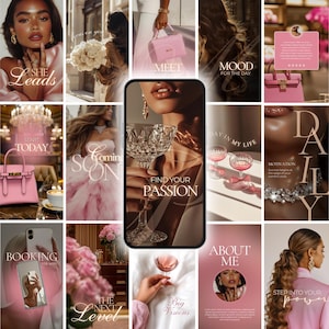 Puede incluir: Un collage de imágenes con una estética rosa y dorada. Las imágenes incluyen un bolso rosa, una mujer sosteniendo una copa de champán y superposiciones de texto como "She Leads", "Find Your Passion" y "About Me".
