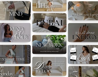 May include: A collage of 12 Instagram story graphics with text overlays. The graphics feature a variety of themes, including lifestyle, travel, and personal development. Some of the text includes "Unlimited Mind", "Mind & Body", "Life Lately", "A Day in My Life Dubai", "New York", "It is all about Energy", "My Elevation Journey Story Time", "Daily Vlog", "Sunday", "Plans for the month and meeting with friends", and "Q&A".