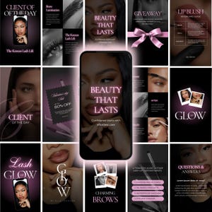 May include: A digital marketing collage for a beauty salon featuring multiple panels with text overlays like Beauty That Lasts, Client of the Day, and Lip Blush Aftercare Guide. The imagery displays close-ups of faces, eyes, and lash treatments.
