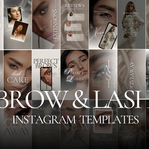 Pode incluir: Uma colagem de modelos do Instagram para um negócio de sobrancelhas e cílios. Os modelos apresentam imagens de modelos com sobrancelhas e cílios bonitos, juntamente com texto sobre os serviços oferecidos, como laminação, extensões e cuidados.
