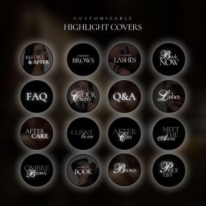 Pode incluir: Imagem com o texto "CUSTOMIZABLE HIGHLIGHT COVERS" e ícones circulares com texto e imagens relacionadas a serviços de beleza, incluindo "Before & After", "Brows" e "Lashes".