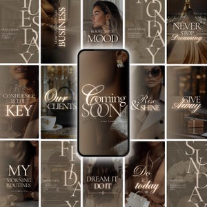 May include: A collage of images with motivational quotes and lifestyle themes. The images feature a woman in a stylish outfit, a cup of coffee, a gift box, and a cityscape. The text includes phrases like "Confidence is the key", "Our clients", "Coming soon", "Rise and shine", "Give away", "My morning routines", "Dream it, do it", "Do it today", and "Never stop dreaming".
