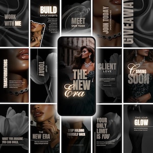 May include: A collage of nine Instagram story templates with a black and gold color scheme. The text on the templates includes "The New Era", "Start Today", "Build Daily Habits", "Meet Our Team", "Client Love", "Coming Soon", "Find Your Glow", "What You Imagine, You Can Build", and "Your Only Limit Is You".