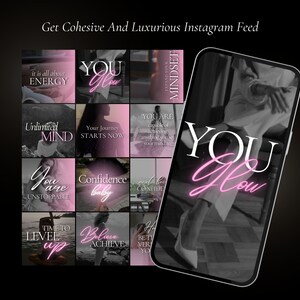 K&ouml;nnte beinhalten: Eine Collage aus inspirierenden Zitaten und Bildern mit einem pinken Neon-Glanzeffekt. Der Text beinhaltet "You Glow", "Unlimited Mind", "Your Journey Starts Now", "You Are Capable of Achieving Anything You Set Your Mind To", "You Are Unstoppable", "Confidence Baby", "Get The Confidence", "Time To Level Up", "Believe And Achieve", "Be The Best Version of You".