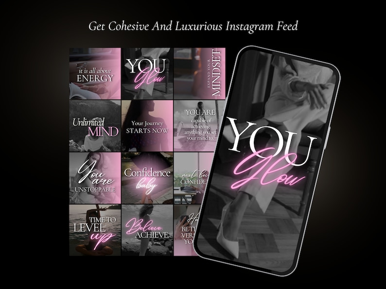 K&ouml;nnte beinhalten: Eine Collage aus inspirierenden Zitaten und Bildern mit einem pinken Neon-Glanzeffekt. Der Text beinhaltet "You Glow", "Unlimited Mind", "Your Journey Starts Now", "You Are Capable of Achieving Anything You Set Your Mind To", "You Are Unstoppable", "Confidence Baby", "Get The Confidence", "Time To Level Up", "Believe And Achieve", "Be The Best Version of You".