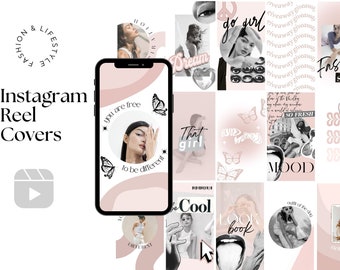 May include: A set of 10 Instagram reel covers featuring a pink and white color scheme with black text and images. The covers feature butterflies, text such as "you are free", "go girl", "that girl", "be cool", "look book", "mood", "so fresh", "fashion", "cult of the day", and "sunday".
