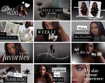 May include: A collage of nine video thumbnails featuring a woman with dark hair and brown skin. The thumbnails feature text such as "Daily Vlog", "Self Care Routine", "Weekly Vlog", "A Day in My Life", "Favorites", "Travel Vlog", "Make Money by Blogging", "My Hair Care Routine", "My Skin Cleanse Experience", and "10 Minute Yoga Routine".