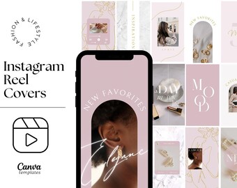 May include: A set of nine Instagram reel covers with a pink background and gold accents. The covers feature various designs, including a woman's ear with a gold earring, a shell, a lipstick, and the words "New Favorites", "A Day in My Life", "Mood", and "Casual Look".