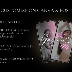 K&ouml;nnte beinhalten: Zwei Handy-Bildschirm-Mockups mit pinkfarbenen und wei&szlig;en Text&uuml;berlagerungen. Der Text auf dem linken Mockup lautet "You are unstoppable". Der Text auf dem rechten Mockup lautet "Get to know me".