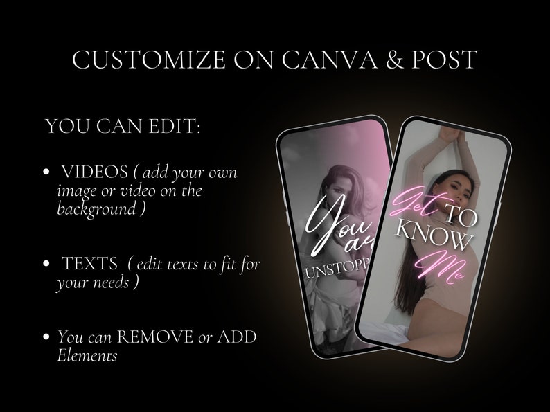 K&ouml;nnte beinhalten: Zwei Handy-Bildschirm-Mockups mit pinkfarbenen und wei&szlig;en Text&uuml;berlagerungen. Der Text auf dem linken Mockup lautet "You are unstoppable". Der Text auf dem rechten Mockup lautet "Get to know me".