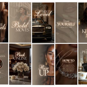 May include: A collage of images with text overlays in a neutral color palette. The text includes phrases like "She Leads," "Bold Moves," "Next Level," and "Keep Going." The images feature a luxury car, a woman, and a cup of coffee.