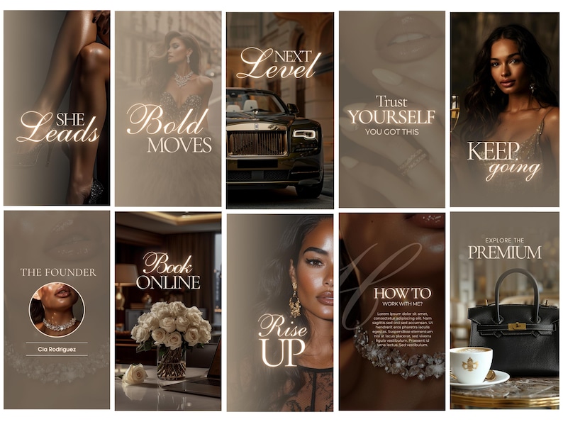 May include: A collage of images with text overlays in a neutral color palette. The text includes phrases like "She Leads," "Bold Moves," "Next Level," and "Keep Going." The images feature a luxury car, a woman, and a cup of coffee.
