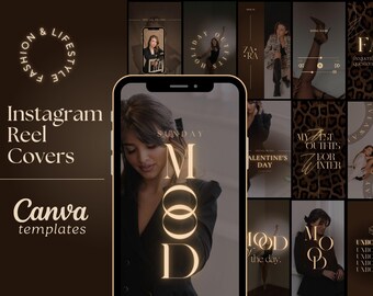 Puede incluir: Un conjunto de nueve portadas de carrete de Instagram con una variedad de diseños, que incluyen una mujer con un vestido negro, un fondo de estampado de leopardo y la palabra "mood" en letras doradas.