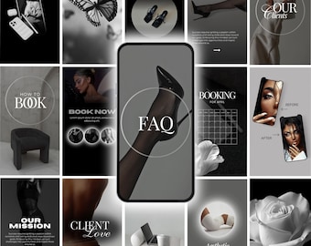 May include: A collage of black and white images with text overlays. The images include a butterfly, high heels, a woman's face, and text that says "FAQ", "Booking for April", and "Build an Online Course".