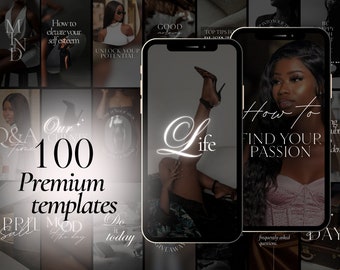 May include: A collage of images featuring a variety of inspirational quotes and images, including a woman in a black dress, a woman in a white shirt, and a woman in a pink top. The text "Our 100 Premium Templates" is prominently displayed in the center of the collage.