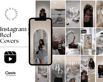 Puede incluir: Un collage de portadas de carretes de Instagram con temas de moda y estilo de vida. Las portadas incluyen imágenes de mujeres con ropa elegante, superposiciones de texto y diseños abstractos. El texto incluye "HOIR", "VOYAGE", "ESTHETIQUE", "UNIQUES", "AUTUMN MOOD", "FAC" y "CHI".