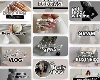 May include: A collage of 12 Instagram story thumbnails with various topics, including daily vlogs, travel vlogs, winter vibes, get ready with me, how to grow your business, and a podcast. Each thumbnail features a different image and text overlay.