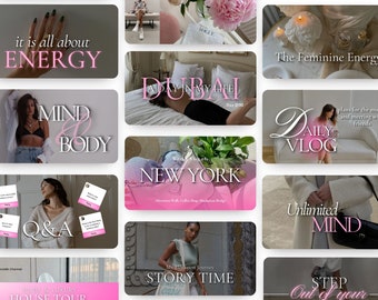 May include: A collage of 12 Instagram story thumbnails with pink and white text on a variety of backgrounds. The text includes "It is all about ENERGY", "MIND & BODY", "A DAY IN MY LIFE DUBAI", "NEW YORK", "The Feminine Energy", "Daily VLOG", "Unlimited MIND", "HUGE & LUXURY HOUSE TOUR", "My Elsation Journey STORY TIME", "STEP Out of your", and "Q&A".