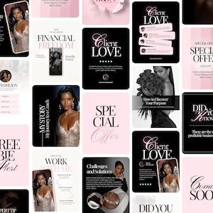 May include: A collage of promotional graphics in black, white, and pink. The graphics include text such as "Client Love," "Special Offer," and "Financial Freedom." Images of a woman are featured throughout the design.
