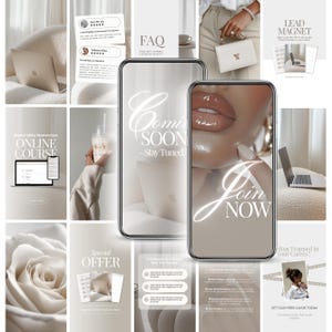 May include: A collage of images with a neutral color palette, featuring a laptop, smartphone mockups with the text "Coming Soon - Stay Tuned!" and "Join Now", and promotional materials for an online course. The images include a rose and a person holding a drink.