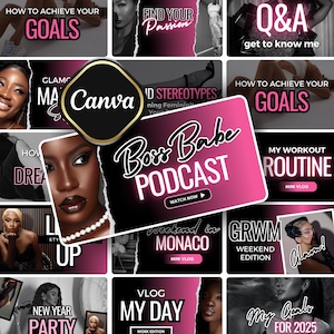 Pode incluir: Uma colagem de gráficos de história do Instagram em rosa e preto com texto que inclui "Boss Babe Podcast", "Como alcançar seus objetivos", "Minha rotina de treino", "Glam", "Fim de semana em Mônaco", "GRWM edição de fim de semana", "Vlog do meu dia", "Festa de Ano Novo" e "Minhas metas para 2025".
