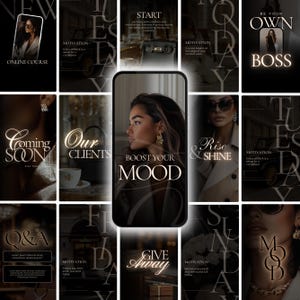 May include: A collage of nine Instagram story templates with a black background and gold text. The templates feature motivational quotes, such as "Boost Your Mood" and "Be Your Own Boss".