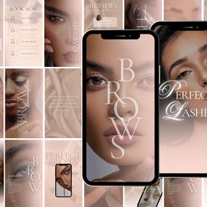 Könnte beinhalten: Eine Collage von Bildern, die Wimpern- und Augenbrauenservices bewerben. Die Bilder zeigen Nahaufnahmen von Augen mit perfekt geformten Augenbrauen und langen Wimpern. Der Text beinhaltet "Perfect Lashes", "Brow Lamination", "Jetzt buchen" und "Bewertungen".