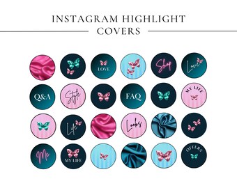May include: A set of 18 Instagram highlight covers featuring a variety of designs, including butterflies, text, and silk fabric. The covers are in shades of pink, blue, and teal.