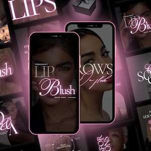 Può includere: Un collage di immagini che promuovono servizi di trucco permanente. Le immagini mostrano modelli con diversi look di trucco, tra cui il blush per le labbra, le sopracciglia e l'eyeliner. Il testo "Permanent Lip Blush Book Now" è presente su una delle immagini.