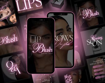 Puede incluir: Un collage de imágenes que promocionan servicios de maquillaje permanente. Las imágenes presentan modelos con diferentes looks de maquillaje, incluyendo rubor de labios, cejas y delineador de ojos. El texto "Permanent Lip Blush Book Now" aparece en una de las imágenes.