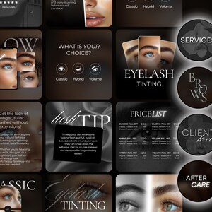 May include: A collage of images promoting eyelash and eyebrow tinting services. The images feature close-ups of eyes with different lash styles, along with text that describes the services offered and their benefits. The text includes "Brow Tint", "Lash Lift", "Eyelash Tinting", "Classic", "Hybrid", "Volume", "Services", "Price List", "Client Love", "After Care", and "lash tip".