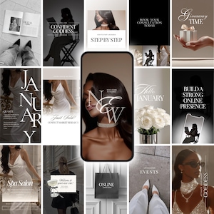 Puede incluir: Una colección de publicaciones en redes sociales en un esquema de color monocromático. Las publicaciones presentan texto como "Nuevo", "Enero" y "Online". Las imágenes incluyen una mujer, flores y una caja de regalo. El tema parece estar relacionado con los negocios y el estilo de vida.