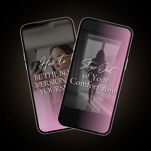 K&ouml;nnte beinhalten: Zwei Smartphone-Bildschirme mit motivierenden Zitaten. Der linke Bildschirm hat einen rosa Hintergrund mit dem Text "Wie man die beste Version seiner selbst wird". Der rechte Bildschirm hat einen rosa Verlaufshintergrund mit dem Text "Tritt aus deiner Komfortzone heraus".