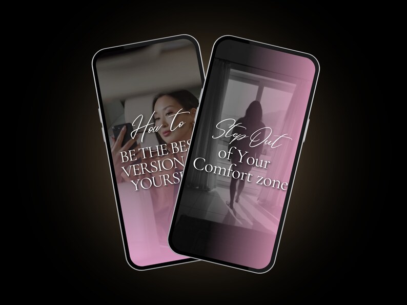 K&ouml;nnte beinhalten: Zwei Smartphone-Bildschirme mit motivierenden Zitaten. Der linke Bildschirm hat einen rosa Hintergrund mit dem Text "Wie man die beste Version seiner selbst wird". Der rechte Bildschirm hat einen rosa Verlaufshintergrund mit dem Text "Tritt aus deiner Komfortzone heraus".