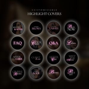 Può includere: Uno sfondo scuro con copertine di evidenziazione personalizzabili per i social media. Le copertine circolari hanno un contorno rosa brillante e testo come "Prima e Dopo", "Sopracciglia", "Ciglia", "Prenota ora", "FAQ", "Q&A" e "Listino prezzi".