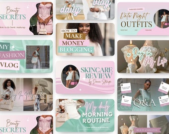 May include: A collage of pink and green Instagram story graphics with text overlays. The graphics feature images of women, fashion, and beauty products. The text includes phrases like "Beauty Secrets", "My Fashion Vlog", "How to Make Money Blogging", "Skincare Review", "My Daily Morning Routine", "Date Night Outfits", and "A Day in My Life".