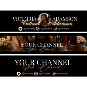 Puede incluir: Banner de YouTube negro y dorado con el texto "VICTORIA Adamson" y "YOUR CHANNEL" con iconos de redes sociales y nombres de usuario.