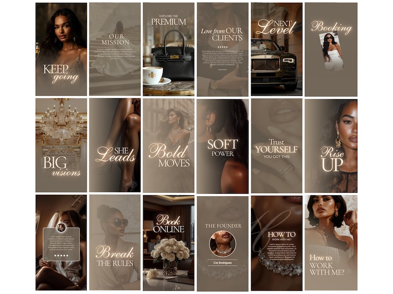 May include: A collection of Instagram story templates with text overlays in a neutral color palette. The text includes phrases like "Keep Going," "Premium," "Bold Moves," and "How to Work with Me?"