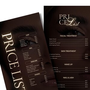 May include: Two dark brown Price List menus with beauty services. The left menu lists hair, nail, skincare, and waxing services. The right menu lists facial, skin, makeup, and nail & lash treatments. The text is in a white, elegant font.